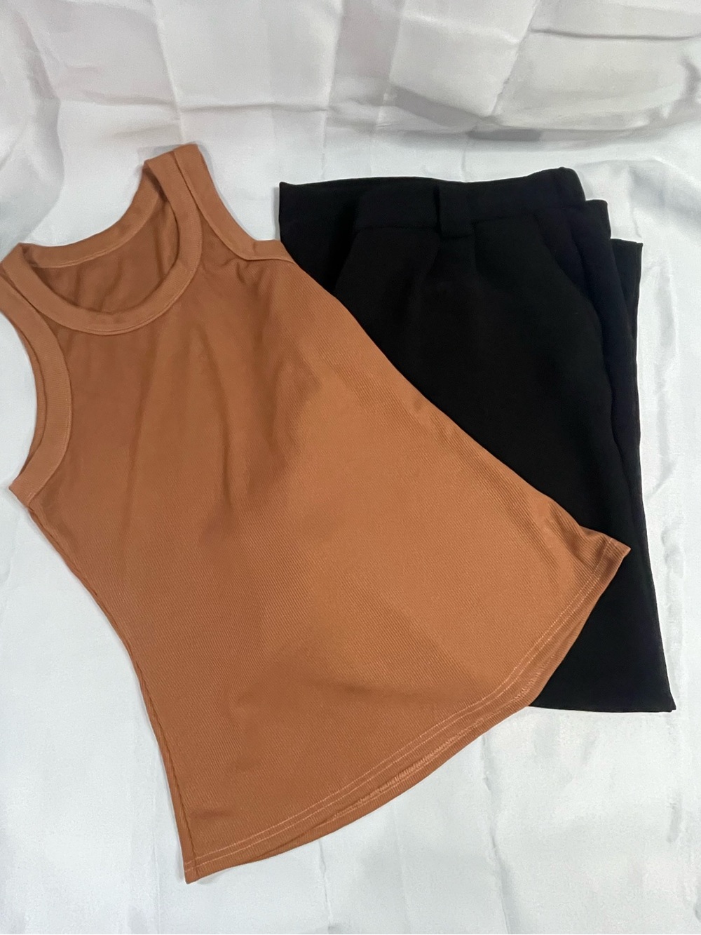 Minimalist Brown Ribbed Tank + Black Pants Neutral Outfit